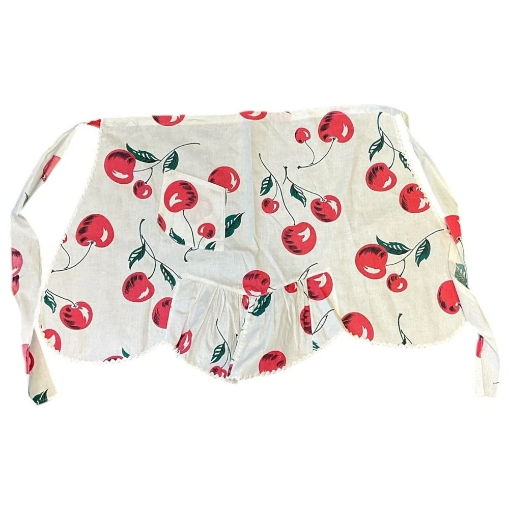 Vintage Apron Handmade Red Cherries on White Slant Pocket Rick‎ Rack Embellished